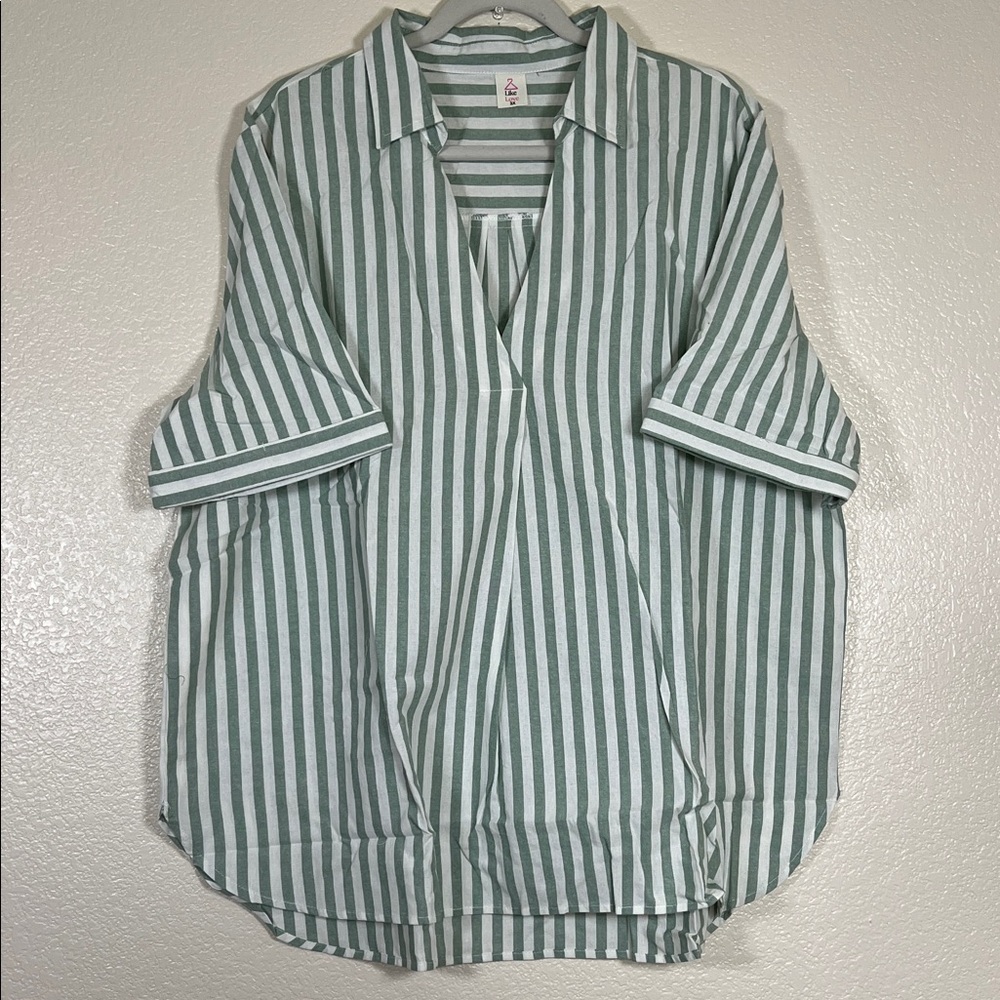 Relaxed Stripe Buttonless Shirt - Sage/White